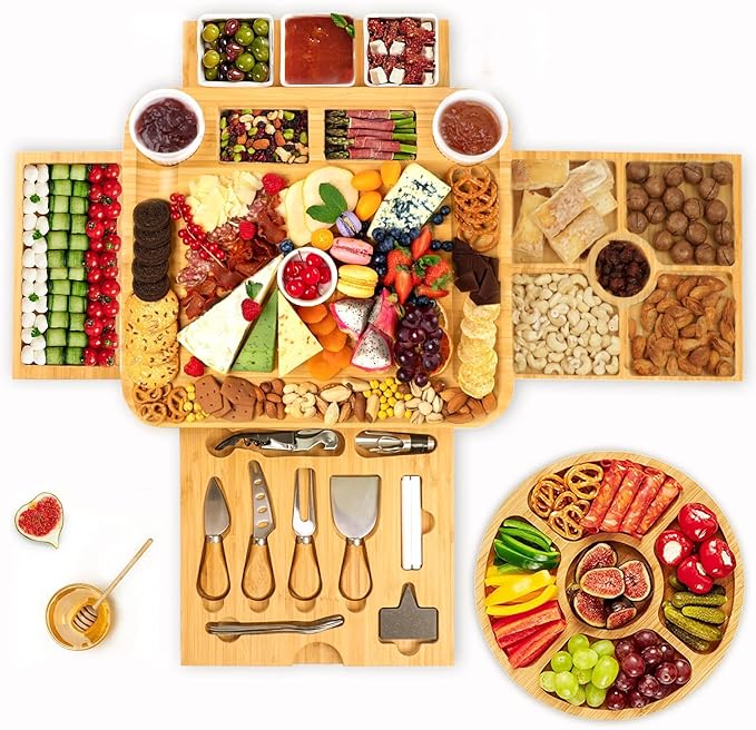 Charcuterie Board Gift Set, Bamboo Cheese Board Gift Set with 20 Accessories, Large Charcuterie Boards Set for House Warming, Wedding, Bridal Shower