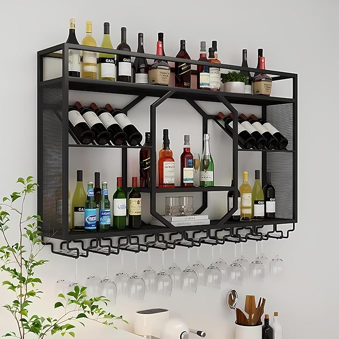 Wall Mounted Wine Rack, 3-Tiers Metal Bar Bottle Holder, Modern Wine Glass Storage Display Shelves, Wall Wine Rack for Kitchen Bar Dining Rooms Decoration ﻿ (Black, 55.11in/140cm)
