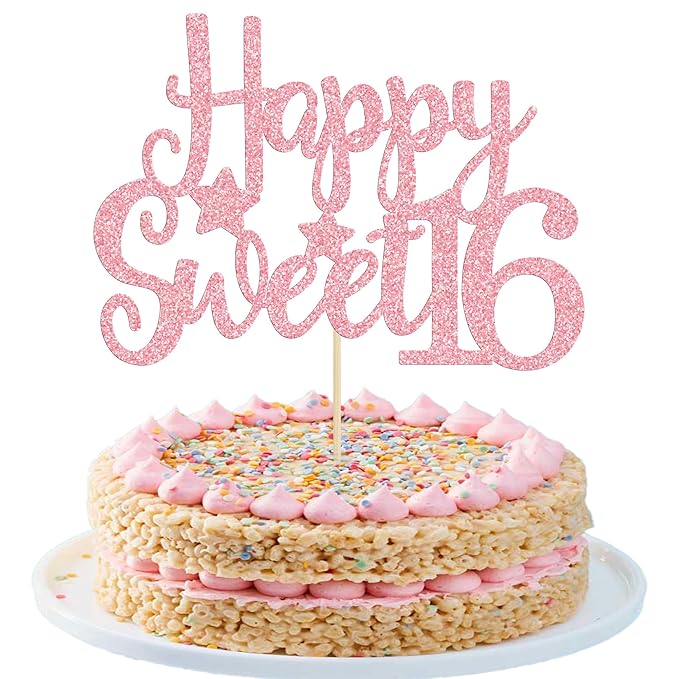Gyufise 1Pc Pink Glitter Happy Sweet 16 Cake Topper 16th Birthday Cake Topper Sweet 16 Decorations 16th Birthday Decorations