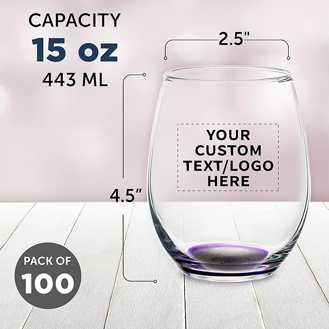 Custom Stemless Wine Glasses in Bulk by ARC Perfection, 15 oz, 100 pack, Personalized Text, Logo, Purple or White Wine Glass Set, Purple