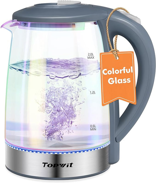 TOPWIT Electric Kettle, Colorful Glass Tea Kettle, 2.0L Hot Water Kettle Electric, BPA-Free Stainless Steel Lid & Bottom, Electric Kettles for Boiling Water, Auto Shut-Off & Boil Dry Protection, Grey