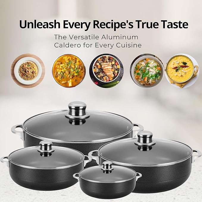 Alpine Cuisine 8-Piece Nonstick Aluminum Caldero Cookware Set with Glass Lids | Durable Pots for Stew & Rice, Easy Clean, 2, 3.5, 7, 13 Quart, Black