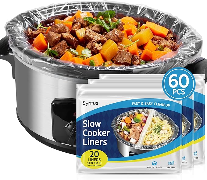 Syntus Crock Pot Liners, 60 Count 13" x 21" Large Size Slow Cooker Liners Fits 3-8 Quart Pots, Disposable Cooking Bags Suitable for Oval & Round & Retangular Crock Pot
