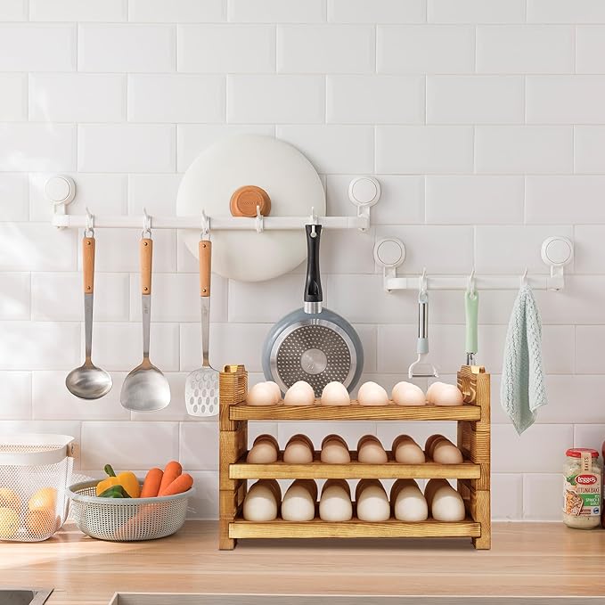CVHOMEDECO. Wooden Egg Holder Countertop Fresh Egg Holders Firewood Egg Collecting Rack for Gathering Fresh eggs, Stackable with 54 eggs, Home Kitchen Organizer, Set of 3 PCS