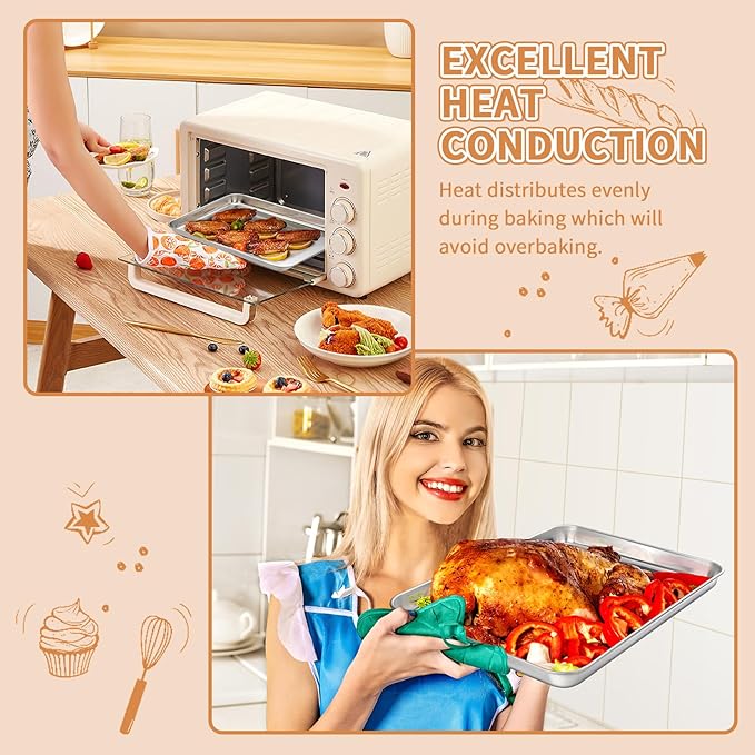 Stainless Steel Baking Sheet Set of 2, Deedro Cookie Sheet Metal Baking Pan Oven Tray, Non Toxic & Heavy Duty, Rust Free & Mirror Finish, Easy Clean & Dishwasher Safe, 12 x 10 x 1 Inch