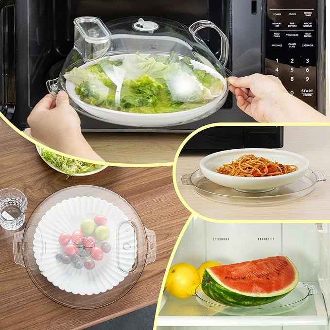 WENWELL Microwave Splatter Cover with Water Steamer,Protect Food Splashes,Dish Bowl Plate Serving Lid with Handle,BPA-Free,Clear Safe Plastic,Microwave Cover for Food,10 Inch