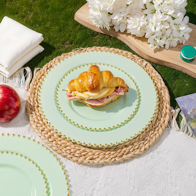 supernal 100pcs Green Disposable Plates - Green Heavy Duty Plastic Plates With Gold Beads - Include 10inch Dinner Plate and 7inch Plastic Dessert Plate - Disposable Serving Platters for Party,Wedding