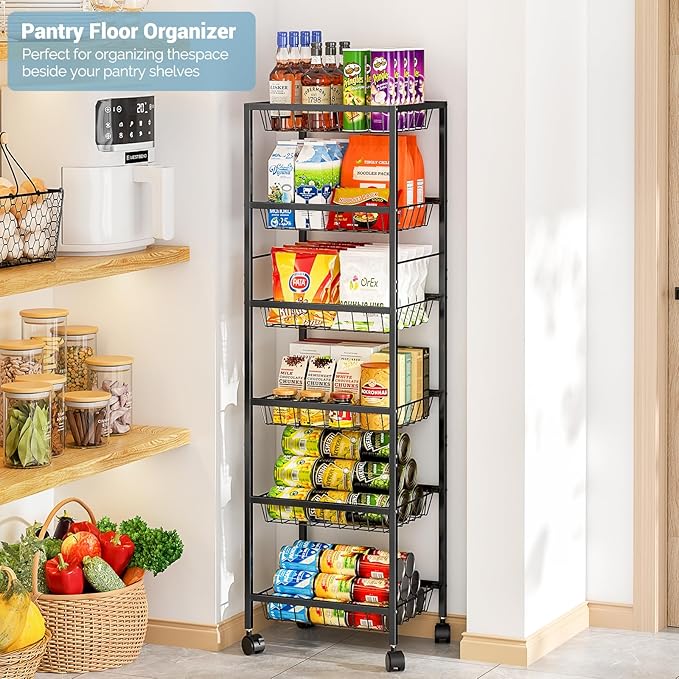 Fruit Vegetable Basket for Kitchen, 6 Tier Fruit and Vegetable Storage Cart, Metal Wire Storage Baskets with Wheels, Small Rolling Cart Organizer Rack for Pantry, Living Room, Bathroom