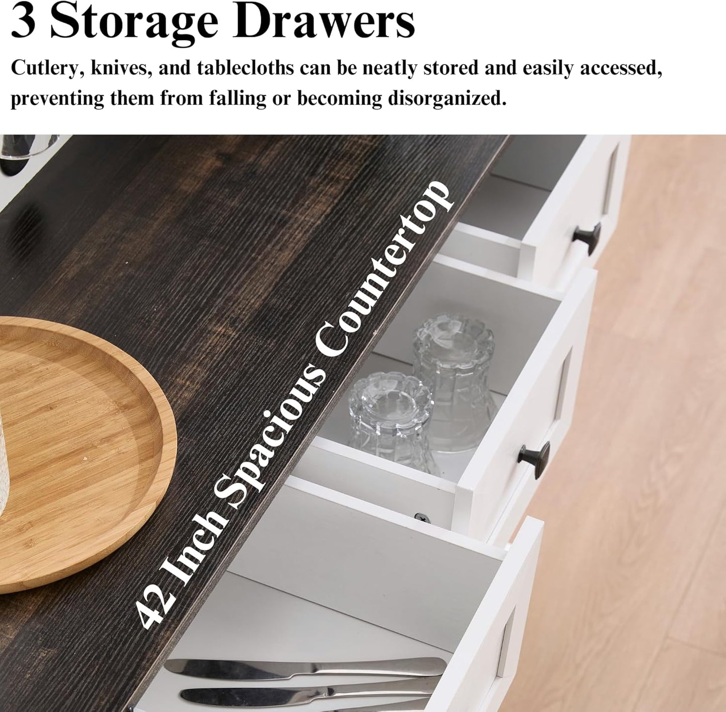 Coffee Bar Cabinet with Sliding Barn Doors 71'' Farmhouse Pantry Cabinet with Drawers & Wine Glass Rack Rustic Buffet Cabinet for Kitchen, White and Black