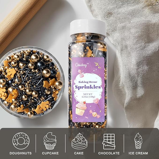 Royal Crown Black and Gold Sprinkles for Cake Decorating 4.23ounce - Sugar Mix Contains Jimmies & Pearl Sprinkles for Cupcake Toppers, Ice Cream, Candy, Cookie Decorations - Holiday Party Supplies