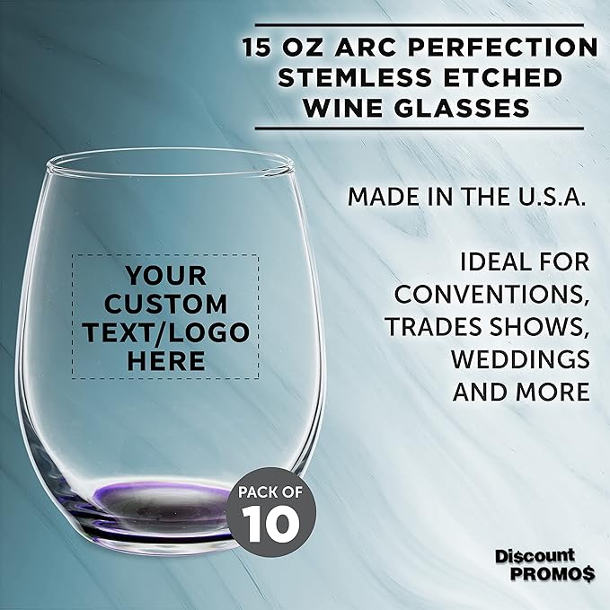 Custom Stemless Wine Glasses in Bulk by ARC Perfection, 15 oz, 10 pack, Personalized Text, Logo, Purple or White Wine Glass Set, Purple