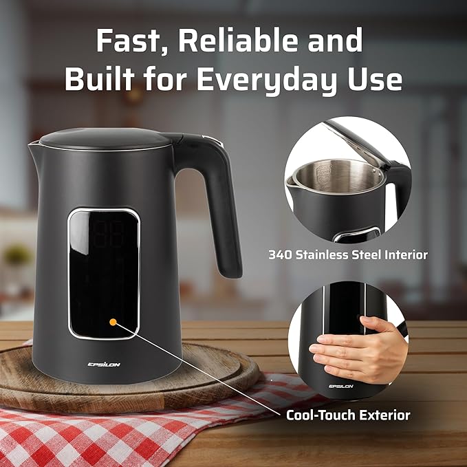 Epsilon LCD Electric Kettle 1500W - 1.7L Hot Water Tea Kettle with Digital Display, Temperature Control, Fast Boil, BPA-Free Electric Teapot with Auto Shut-Off & Boil Dry Protection