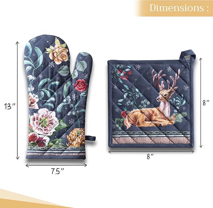 Maison d' Hermine 100% Cotton Oven Mitt & Pot Holder Set (7.5"x13" & 8"x8") Heat Resistant BBQ Cooking Gloves with Loop, Baking, Grilling, Kitchen, Handling Hot Pans (Christmas Joy)