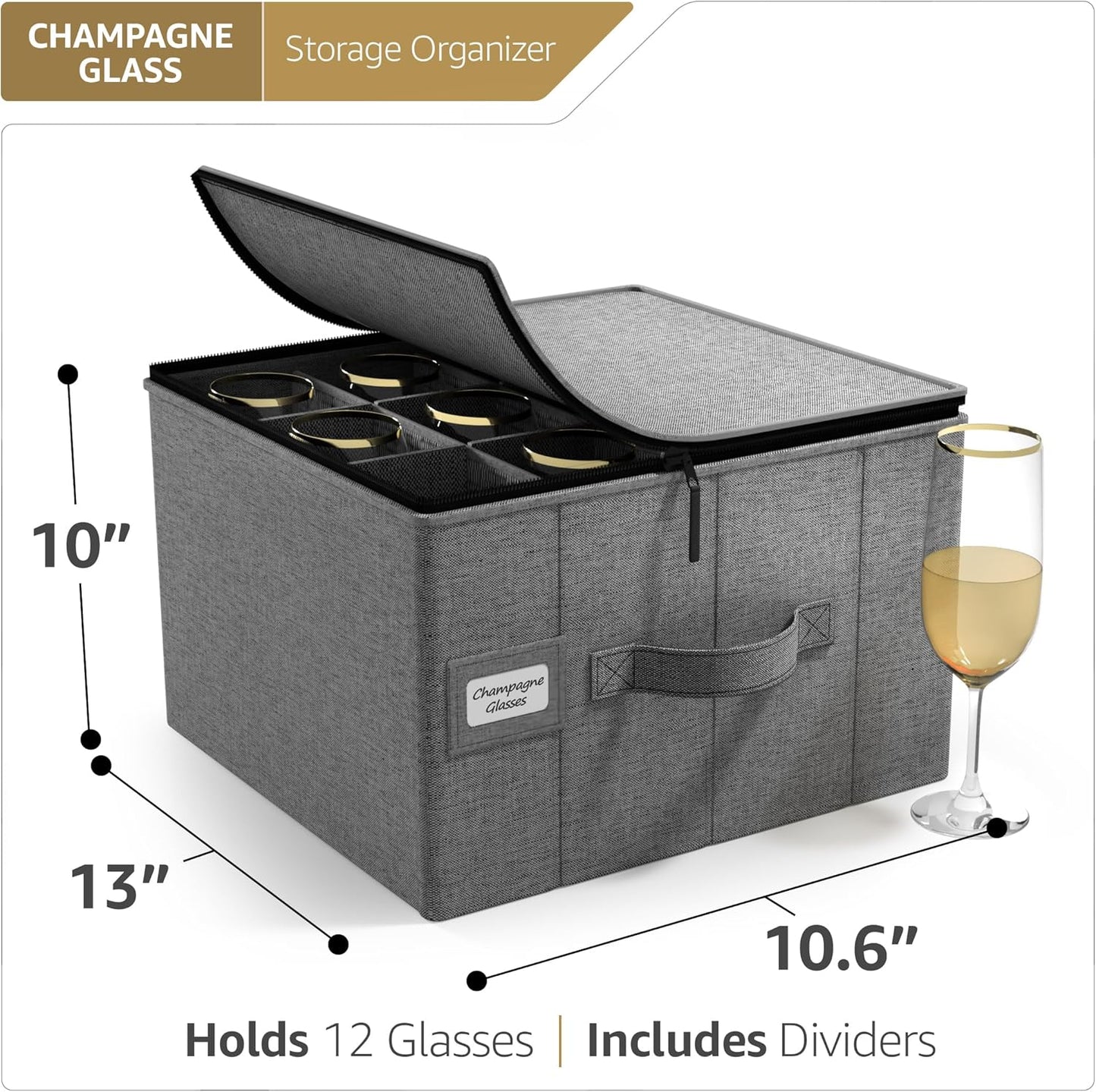 Sorbus China Storage Containers – Dinnerware Organizer for Champagne Flute Glasses with Lid (Holds Service for 12) with Felt Protectors – 13" x 10" x 10.6"