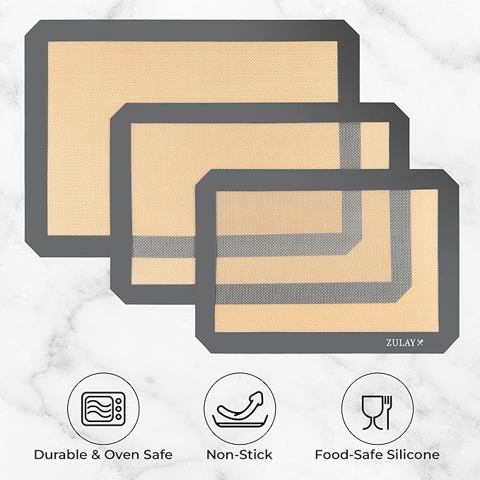 Zulay Kitchen 16.5"x11.6" 3-Pack Silicone Baking Mat Sheet - Reusable Silicone Baking Sheet - Easy & Convenient Nonstick Baking Supplies - Silicone Mats for Baking - Baking Mat For Oven - (Dark Gray)