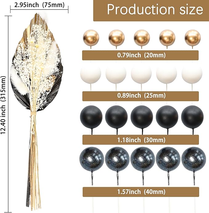 Gyufise 21 Pack Flower Boho Cake Topper Ball Cake Decorations Palm Leaves Plants Cake Decor for Girl Bohemian Princess Theme Wedding Baby Shower Birthday Party Supplies Black Gold