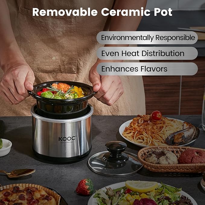 KOOC Small Slow Cooker, 0.65-Quart, Free Liners Included for Easy Clean-up, Upgraded Ceramic Pot, Nutrient Loss Reduction, Stainless Steel, Silver, Round