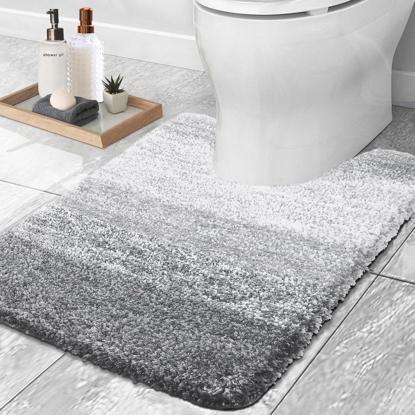 OLANLY Luxury Toilet Rugs U-Shaped 24x20, Extra Soft and Absorbent Microfiber Bathroom Rugs, Non-Slip Plush Shaggy Bath Mat, Machine Wash Dry, Contour Bathroom Mats for Toilet Base, Light Grey