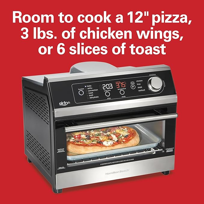 Hamilton Beach Digital Air Fryer Toaster Oven Combo, 10 Ways to Cook, 4 Preset Functions, Stay On & 1800 Watts, LED Capacitive-Touch Controls, 2 Rack Positions, Fits 12” Pizza, Black & Stainless Steel