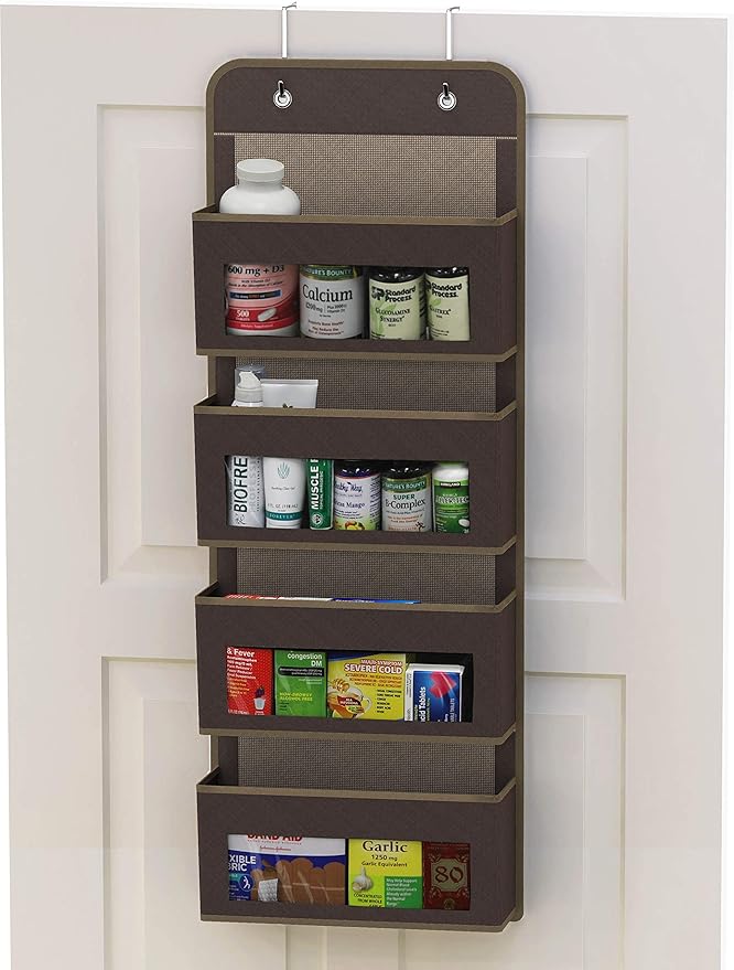 Simple Houseware 4 Clear Window Pocket Over Closet Door Storage Hanging Organizer for Bedroom, Bathroom, Pantry, Brown