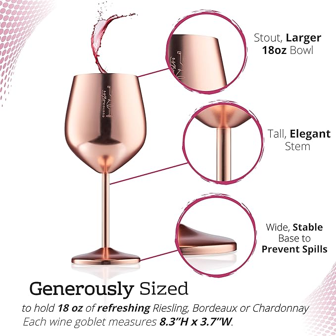 Gusto Nostro Stainless Steel Wine Glass - 18 oz - Unbreakable Rose Gold Wine Glasses for Travel, Camping and Pool - Fancy, Unique and Cool Portable Metal Wine Glass for Outdoor, Picnics (Set of 4)