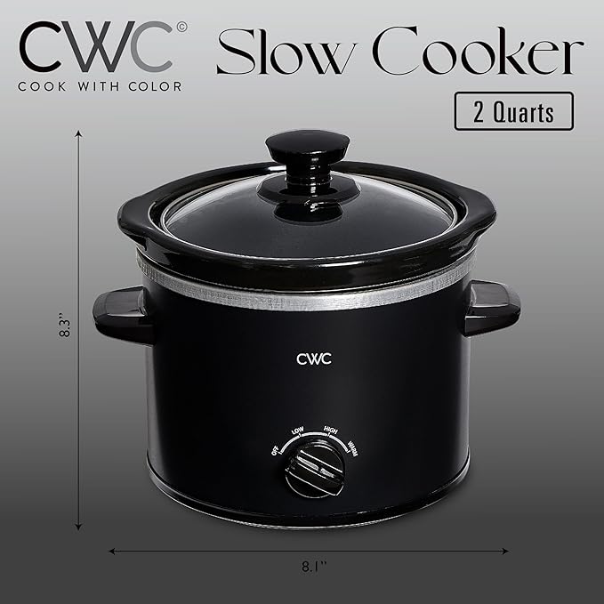 COOK WITH COLOR 2QT Mini Electric Round Slow Cooker - Adjustable Settings, Removable Stoneware Pot, Tempered Glass Lid, Dishwasher Safe, Cool-Touch Side Handles, Black