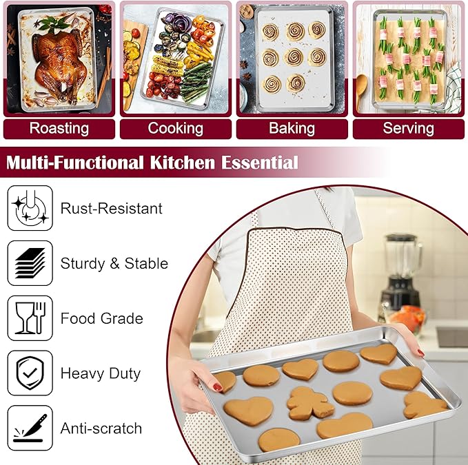 E-far Baking Sheet with Wire Rack (2 Pans + 2 Racks), Stainless Steel Cookie Sheets Pan & Cooling Rack for Baking Cookies/Jelly Rolls, Non Toxic & Heavy Duty, Oven & Dishwasher Safe, 16 x 12 x 1 Inch