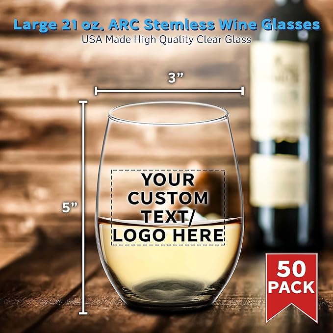 DISCOUNT PROMOS 50 ARC Stemless Wine Glasses Set, 21 oz. - Customizable Text, Logo - Chardonnay, Cabernet, Merlot, Sauvignon - Black