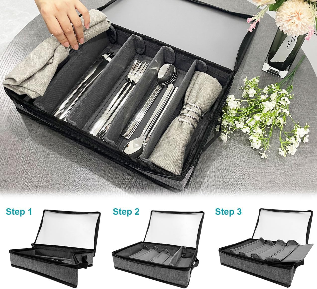 Silverware Organizer Chest,Silverware Storage Box,Stackable Flatware Storage Case,Spoon Organizer,Tableware Storage Box With 4 Dividers for Moving Transport,Kitchen Utensil cutlery Organizer