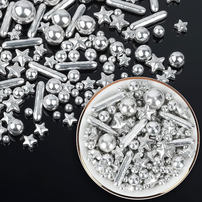 Silver Pearl Sugar Sprinkles,Edible Stars Rods Candy,Mix Size 130g/4.58oz,Baking Cake Decorations,Cupcake Toppers,Cookie Decorating Donuts Ice Cream,Birthday Wedding Party Valentines Christmas Supplies