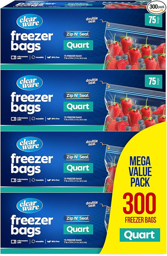 Quart Freezer Bags - Double Zipper Seal -300 Count, (4 Packs of 75) Resealable Plastic Freezer Containers - Reusable Pouches for Food Storage, Meat, Fresh Vegetables, Fruit - Microwave-Safe, BPA Free
