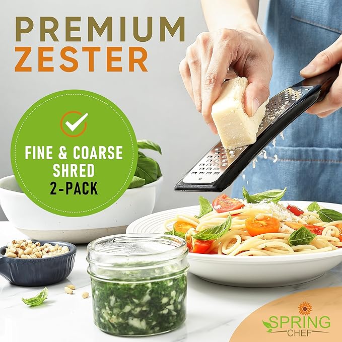 Spring Chef Premium Lemon Zester Grater with Handle - Ginger, Nutmeg, Garlic Grater - Heavy Duty Kitchen Tool - Stainless Steel Citrus Zester with Blade Cover - Fine & Coarse Shred, Set of 2, Black