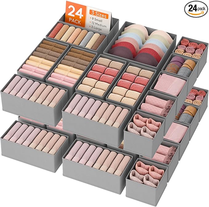Lifewit Drawer Organizer Clothes for Closet 24 Pack, 3 Sizes Underwear Wardrobe Drawer Dividers, Fabric Foldable Dresser Storage Organizer Bins for Sock, Bra, Lingerie, Undies, Grey
