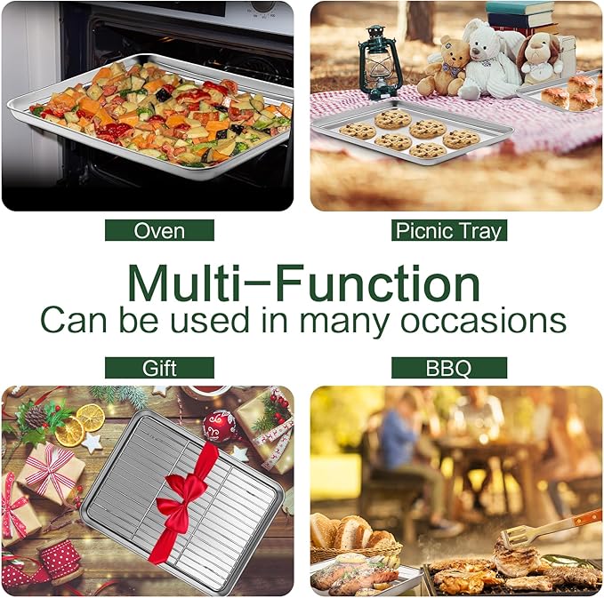 Baking Sheet with Wire Rack Set [2 Quarter Sheet Pans + 2 Wire Racks ], CEKEE Stainless Steel Cookie Sheets for Baking with Baking Rack, Non Toxic & Heavy Duty & Easy Clean, Size 12 x 10 x 1 Inch