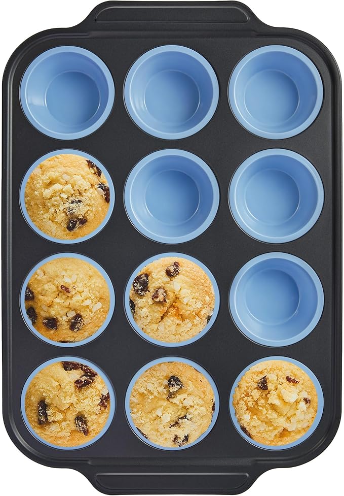 Silicone Muffin Pans for Baking with Metal Frame, Egg Bite Molds, Cupcake Pans 12 Regular Size, Muffin Tins Easy to Pop Nonstick Non Toxic Bakeware for Oven,Blue