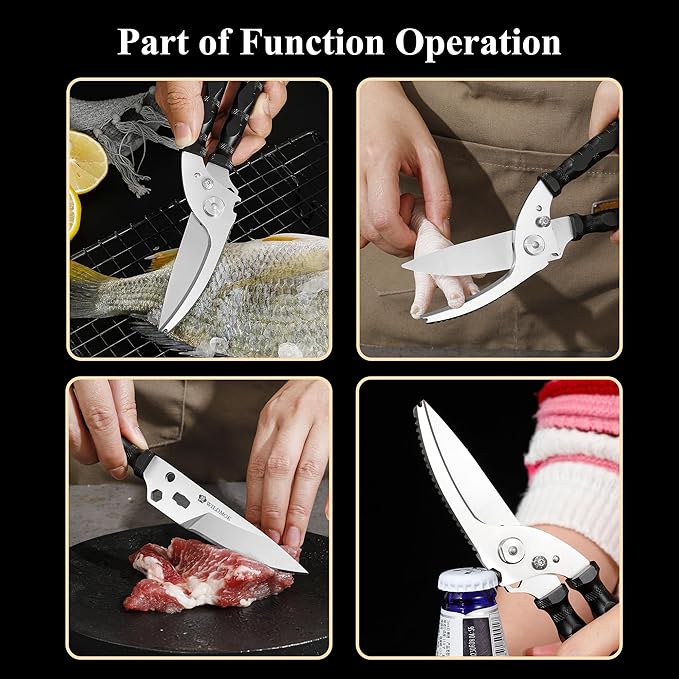 WILDMOK Heavy Duty Poultry Shears - 8.5 Inch Multi-function Stainless Steel Poultry Outdoor Shears, Ultra Sharp Kitchen Scissors for Outdoor Camp, Black
