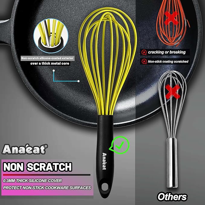 Anaeat Silicone Whisk, Thick Stainless Steel Wire Inner Heat Resistant - Kitchen Whisks for Non-Stick Cookware, Balloon Egg Beater for Whisking, Blending, Beating, Frothing & Stirring (Yellow)