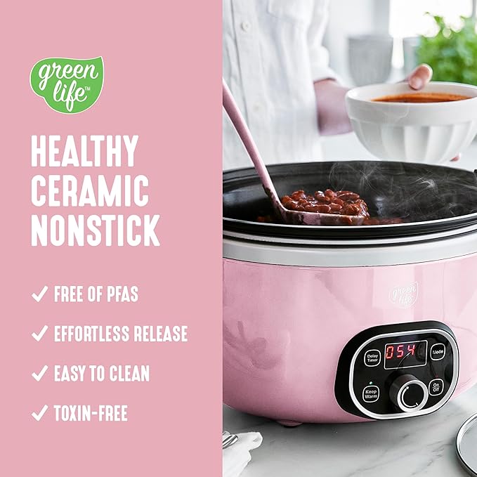 GreenLife 6QT Slow Cooker, Non-Toxic PFAS-Free Ceramic Nonstick Removable Interior Bowl, Programmable, Family Friendly, Keep Warm, Stovetop & Oven Safe, Dishwasher Safe Parts, Timer, Glass Lid, Pink