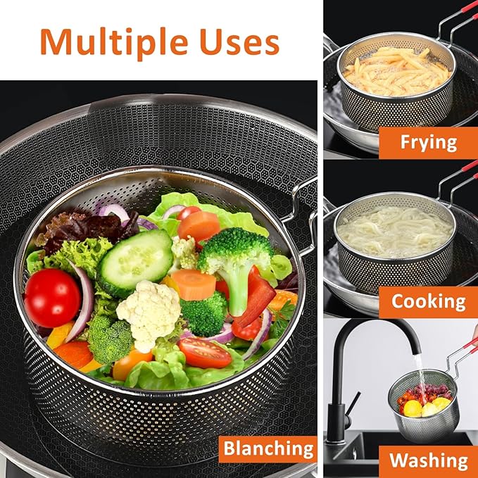 Deep Fryer Basket, 7.8''x4'' Fry Only, Round Stainless Steel Frying Baskets with Heat Resistant Silicone Handle, for Kitchen Cooking Strainer Colander, Serving Food, Ideal for Gift, 3-Quart