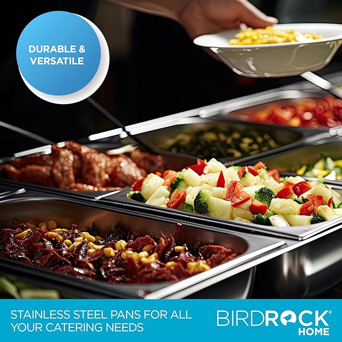 BIRDROCK HOME Stainless Steel Steam Table Pan - Hotel, Restaurant & Catering Supplies - 24 Gauge Steel, 9.1 qt Capacity - Meal Prep, Cooking, & Food Storage Container - 2.5" Depth, Full-Size (6 Pack)