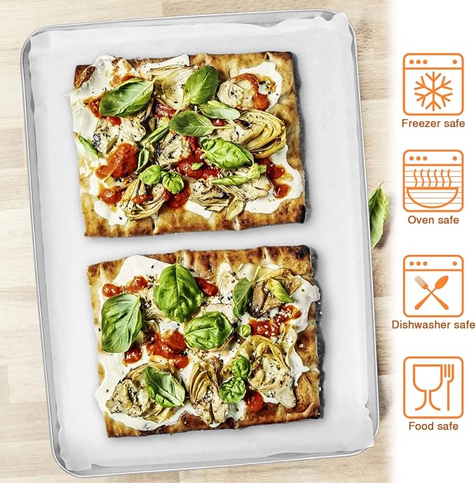E-far Baking Cookie Sheet Set of 2, 16”x12” Stainless Steel Baking Sheet Pan with 50 Parchment Paper, Rectangle Baking Tray for Cooking Roasting, Rust Free & Heavy Duty, Oven & Dishwasher Safe