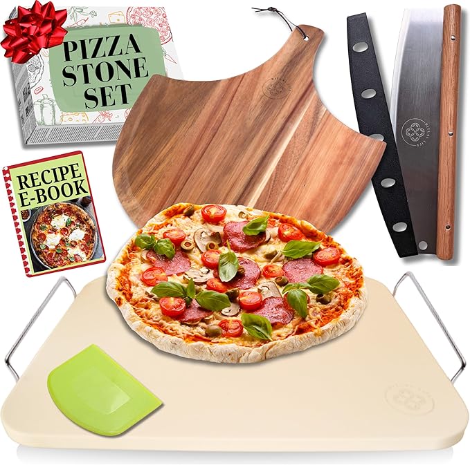 Pizza Stone for Oven and Grill Set - 5PCS Pizza Making Accessories Kit - 15 inch Pizza Stone with Handles, Pizza Peel, Pizza Cutter, Dough Tool - Baking Stone for Bread - Large Rectangular Oven Stones