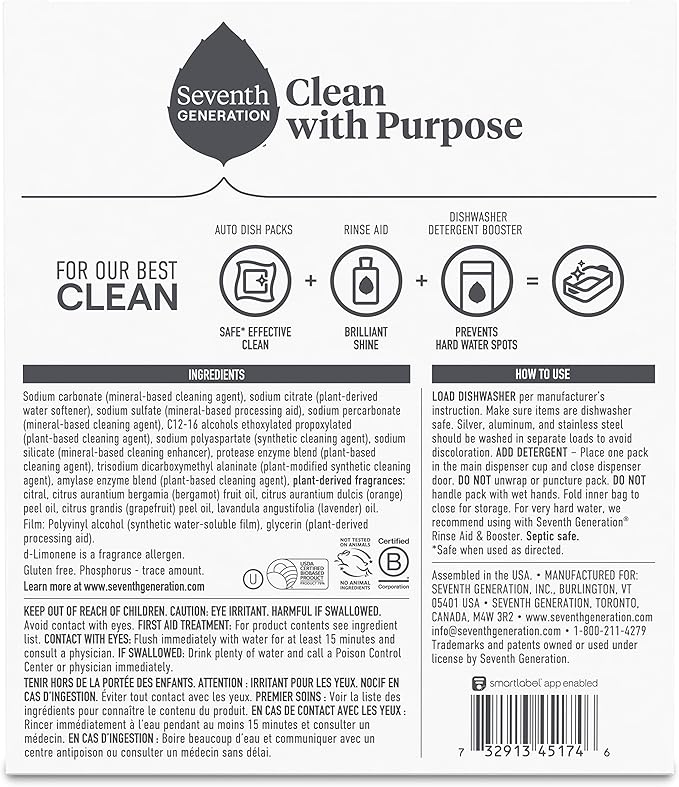Seventh Generation Power Plus Dishwasher Detergent Packs Fresh Citrus scent Pack of 2 for sparkling dishes Dishwasher tabs 40 count
