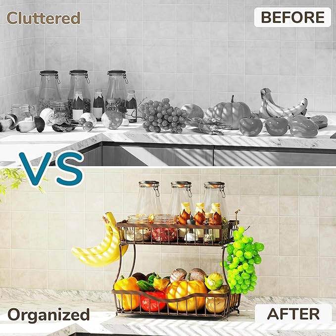 Large 2-Tier Fruit Basket for Kitchen Counter with 2 Banana Hangers – Metal Fruit Bowl for Onion, Vegetable, Snacks, Breads Storage – Countertop Organizer – Bronze