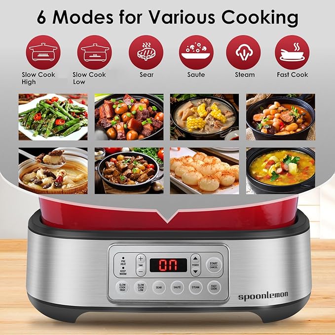 Electric Dutch Oven Multi-Cooker 6-in-1, 5.8QT Enameled Cast Iron Pot - Oven Safe Pot to 392℉, 1250W Fast Heating, 6 Preset Functions- Slow Cook, Sauté, Sear, Steam, Fast Cook, Keep Warm