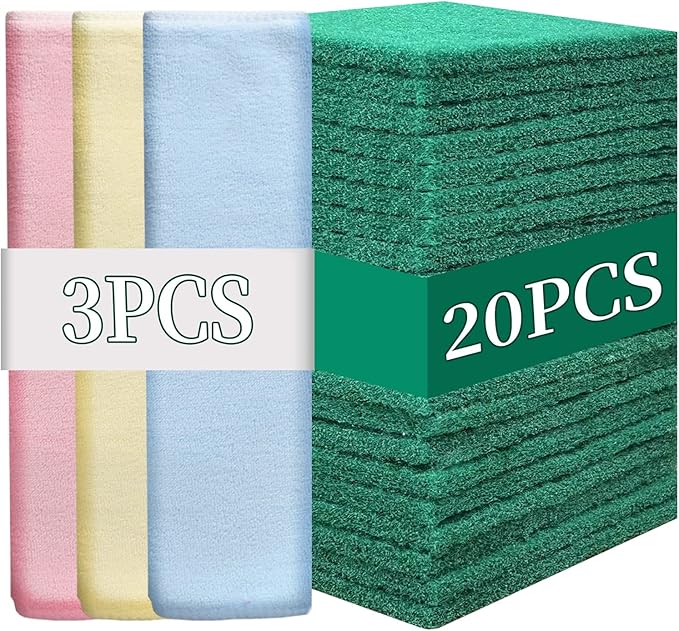 Heavy Duty Scour Pads Sponge Dish Scrubber Non-Scratch Green Reusable Household Scrub Pads for Kitchen and Dish Cleaning Tool (20Pcs Sponge+3Pcs Clean Towel)