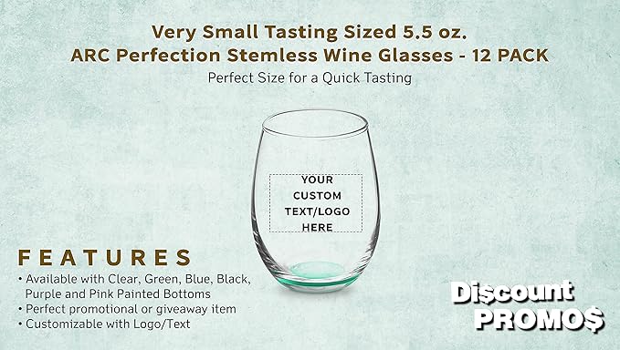 Custom Stemless Wine Glasses by ARC 5.5 oz. Set of 12, Personalized Bulk Pack - Perfect for Hotel, Bar, Restaurant or Lounge - Green