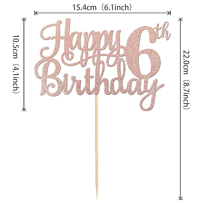 1 PCS Happy 6th Birthday Cake Topper - Glitter Cheers to 6 Years - Fabulous Cake Decoration for 6th Birthday Theme Party - Rose Gold