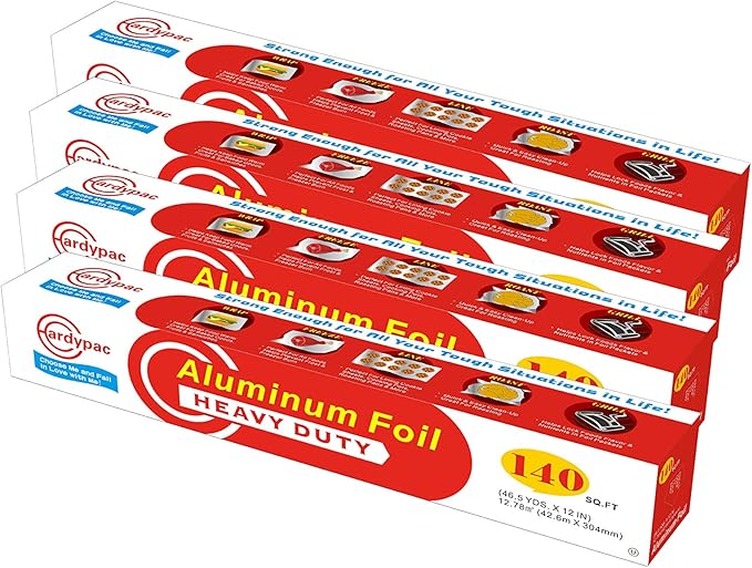 560 SQFT Aluminum Foil Roll, 4 PACK, Total 560 SQFT, 140' Length x 12" Width per roll, kitchen tin foil grill foil paper for cooking, baking, wrapping.