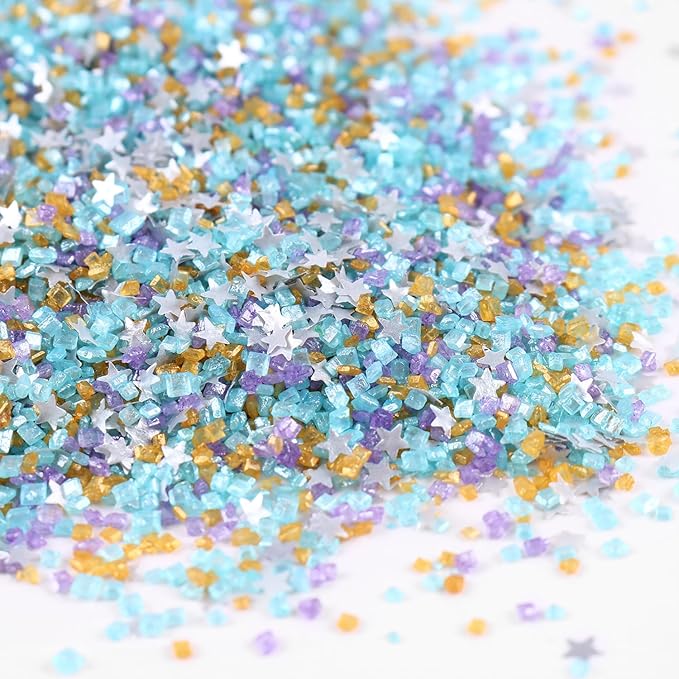 Sanding Sugar Edible Silver Glitter Stars Mix, Edible Blue&Purple Sugar Sprinkles for Cake Decorating, Sparkling Edible Sanding Sugar for Cupcake Toppers Cookie Decorations For Wedding Party Celebrations 3.5oz (BLue)